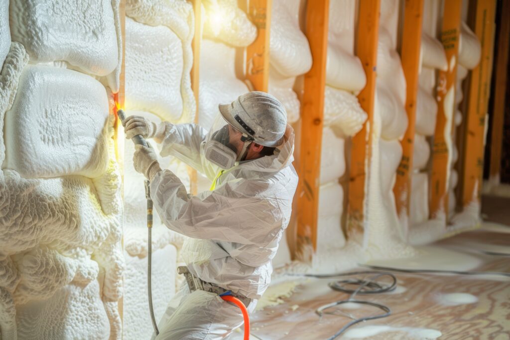 construction worker applying spray foam insulation in new home's interior walls for energy efficiency