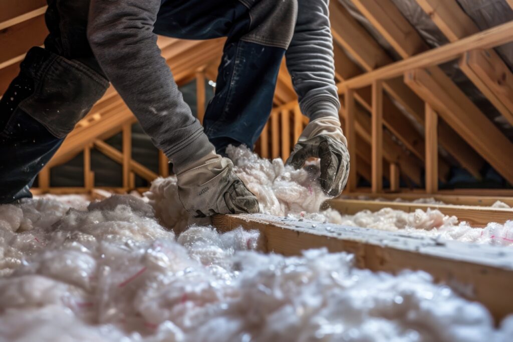 person rolling fiberglass insulation between attic beams